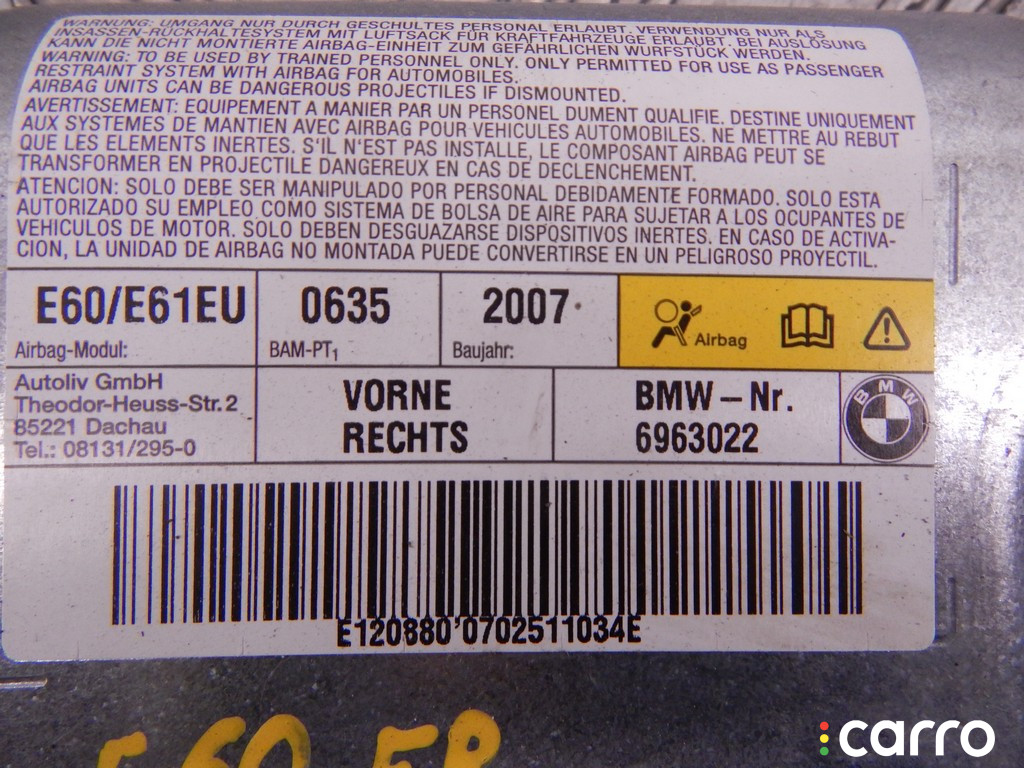 6963022, 72126963022 Подушка безопасности боковая (в дверь) передняя правая BMW 5-series (E60/61) 2007г. - фото №2